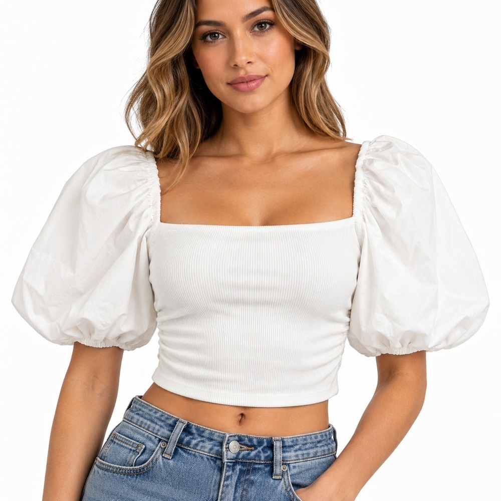 Zara White Ribbed Puff Sleeve Square Neck Crop Top Womens Medium